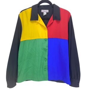 Alyssa Carr Multicolor Colorblock Button Front Blouse Size 10 Vintage Retro 90s